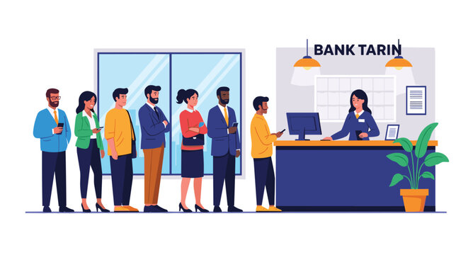 Long queue of diverse people waiting in line at a bank counter to be served by a female bank teller in a modern branch office.