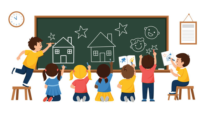 Group of diverse school children drawing houses, stars, and faces on a large green chalkboard in a bright, modern classroom.