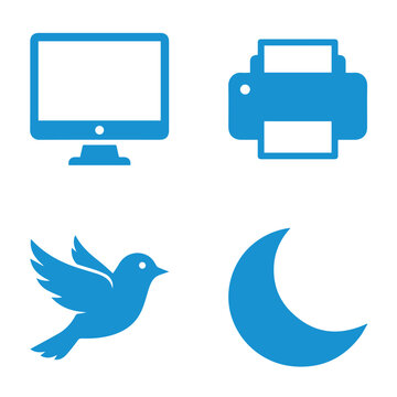 Title: blue of computer monitor printer bird and moon with stars on white background