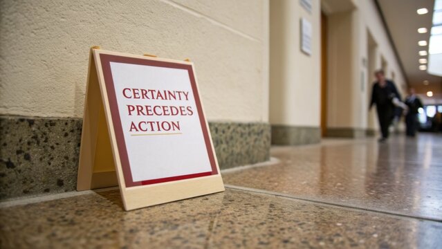 Sign with 'Certainty Precedes Action' message placed indoors on a textured floor