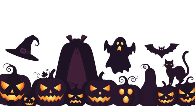 Silhouette of a witch flying on a broomstick over a spooky pumpkin patch at night