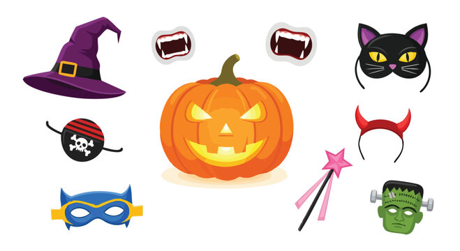 Halloween costume accessories and pumpkin on white background