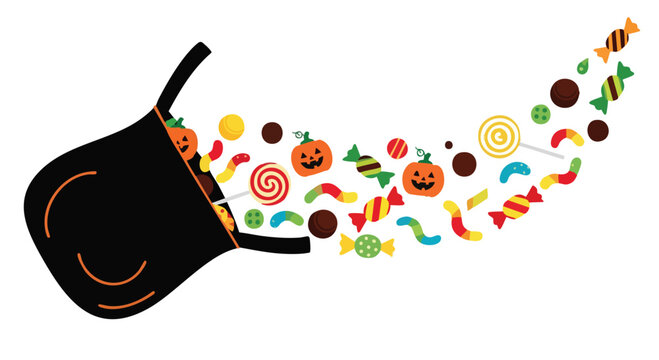 Halloween candy pouring out of a black cauldron on white background