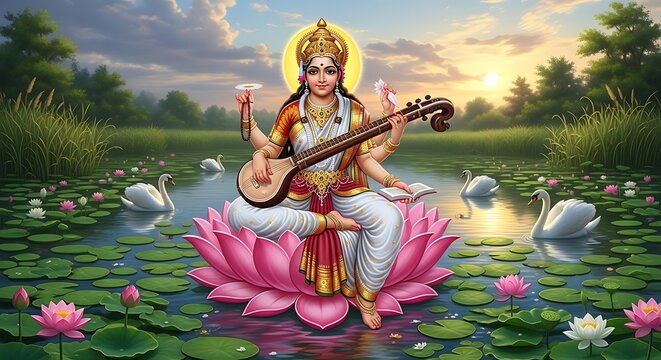 Goddess Saraswati Playing Sitar.