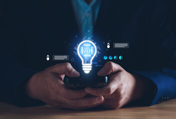 Fototapeta premium Concept of AI driven creativity and smart business ideas. digital lightbulb with AI processor icon, artificial intelligence integration, innovative thinking, data analysis, creative problem solving.