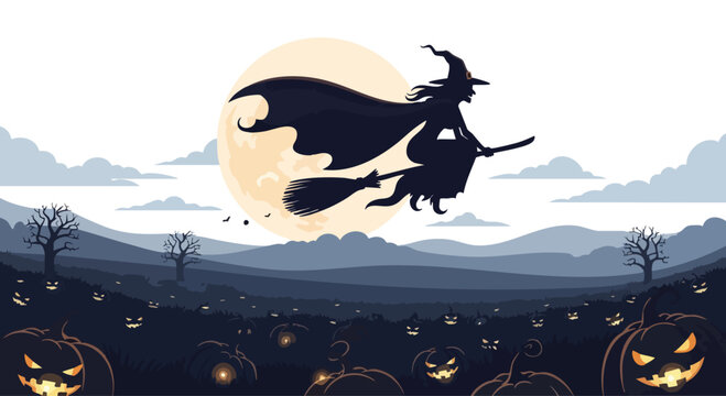 A witch flying on her broomstick over a spooky Halloween landscape with jack-o-lanterns