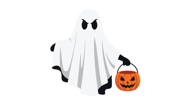 A ghost in a white sheet with a jack-o-lantern bucket for trick-or-treating on Halloween