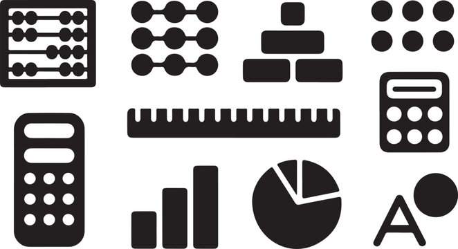 Academic mathematics and business analytics silhouette icon assortment.