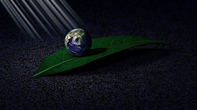 Earth resting on a green leaf with light shining down