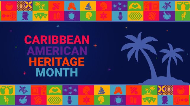 Animated background celebrating Caribbean America Heritage Month. it Features silhoutte coconut tree dynamic motion of caribbean icons and symbols
