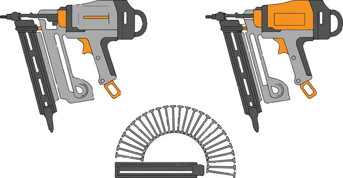 Pneumatic nail gun tools and fasteners for construction work.