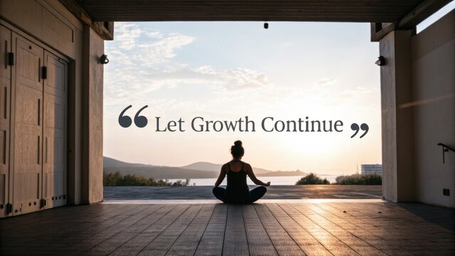 Silhouette of person meditating at sunrise with inspirational quote "Let Growth Continue"
