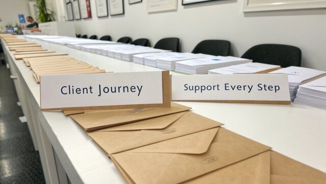 Stacks of Brown Envelopes Arranged in a Linear Path on a Table with Signs
