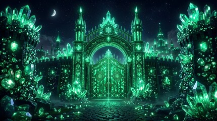 Fototapeta premium Enchanted Emerald Crystal Gate of a Magical Fantasy City at Night with Glowing Gems