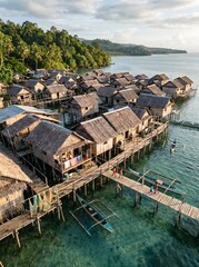 Fototapeta premium Traditional Stilt Village on Turquoise Water in Tropical Southeast Asia with Indigenous Houses and Boats