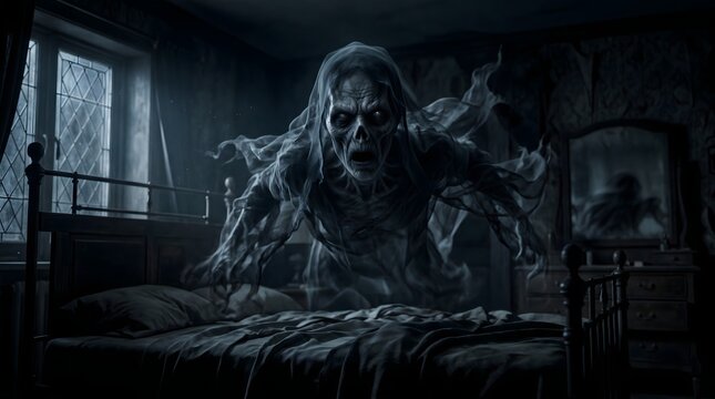 Terrifying ghost haunting a bedroom, emerging from the darkness over a bed