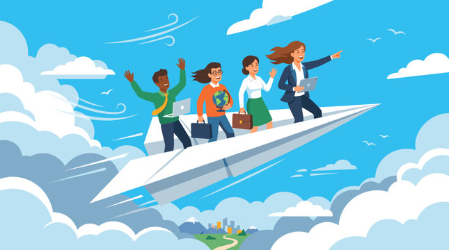 Teamwork in action flying into the future of business sky digital illustration inspirational aerial view