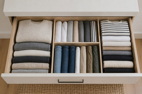 Neatly folded clothes in organized drawer, minimal home storage concept