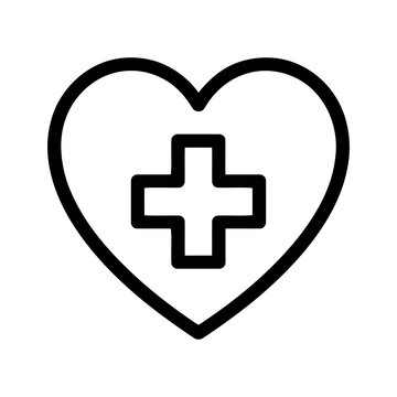 Black outline heart icon with a medical cross symbol for healthcare and hospital design