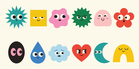 Fototapeta premium Cute Abstract Character Collection - Fun Vector Set of Colorful Geometric Shapes with Faces, Including Heart, Cloud, Star, and Drop Icons for Kids Design, Stickers, and Modern Minimalist Branding.