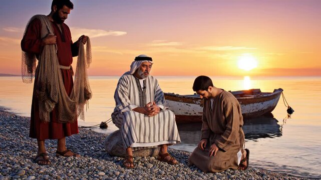 Three men in robes by the sea at sunset emphasizing natural beauty and pristine environments