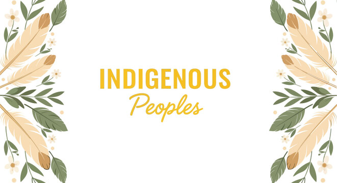 Indigenous Peoples Day banner with feathers and floral elements on white background for cultural heritage celebration and awareness vector illustration