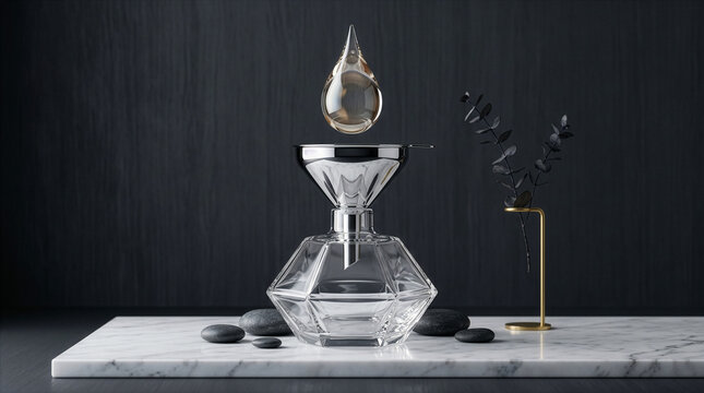 A clear glass dispenser on a marble slab with smooth stones, topped by a hovering water droplet against a dark textured background with a simple plant stem - Generative AI