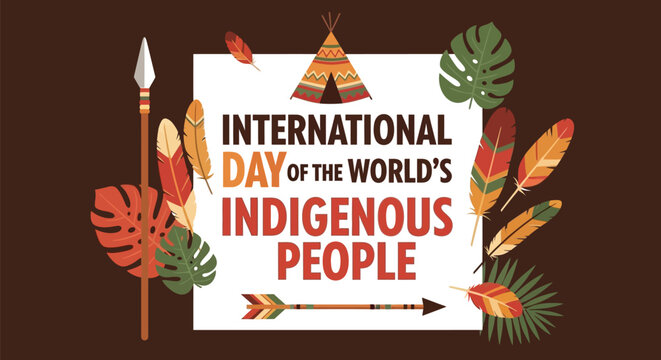 International Day of the World's Indigenous People banner with teepee feathers spear and arrow elements for cultural awareness vector illustration