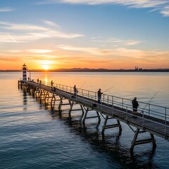 Fototapeta premium Fishermen cast lines from a pier at sunrise, with a distant lighthouse and calm water