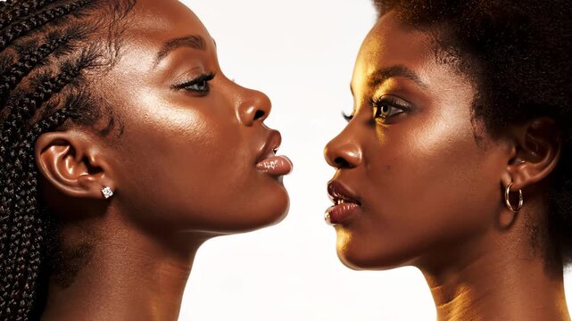 Two women facing each other perfect for UI/UX design and motion graphics