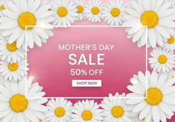 Obraz premium Mother day sale banner with pink watercolor brush stroke background and white daisy flowers border