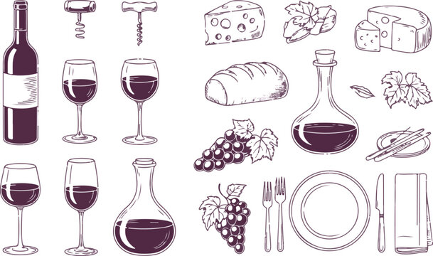 Wine tasting collection featuring grapes bottles glassware and food pairing.