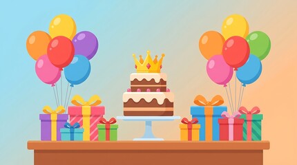 Colorful birthday celebration with cake gifts and balloons on a table