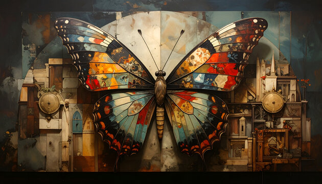 Surreal Steampunk Butterfly with Intricate Clockwork and Architectural Elements.