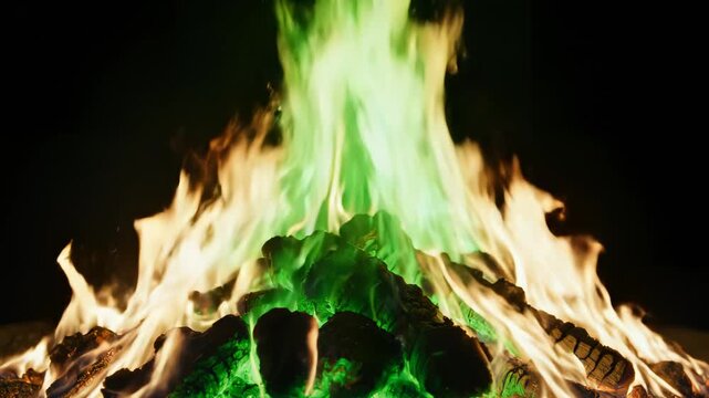 Burning wood with green flames emphasizing modern aesthetics and minimalist design