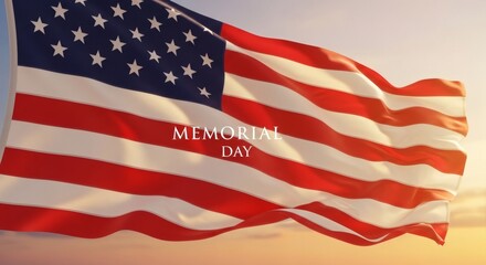 Obraz premium Memorial Day American Flag Waving in Golden Sunset Light