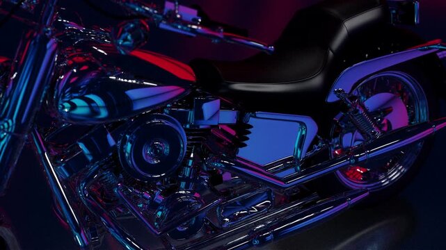 Cinematic 4K 3D motorcycle pan in neon pink and blue studio lights with glossy reflections, chrome details and futuristic vaporwave mood. Perfect for ads, music videos and tech visuals.