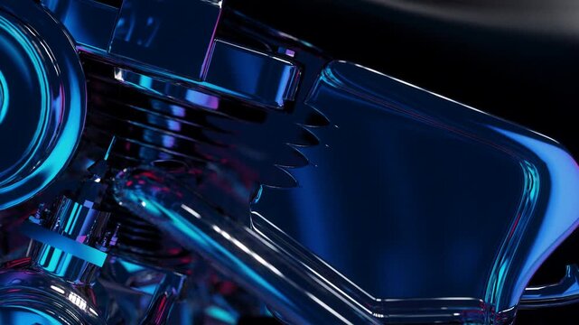 Cinematic 4K 3D motorcycle pan in neon pink and blue studio lights with glossy reflections, chrome details and futuristic vaporwave mood. Perfect for ads, music videos and tech visuals.