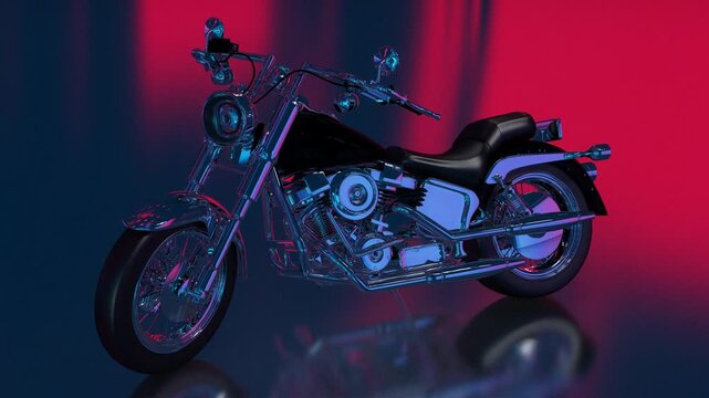 Cinematic 4K 3D motorcycle in neon pink and blue studio lights with glossy reflections, chrome details and futuristic vaporwave mood. Perfect for ads, music videos and tech visuals.