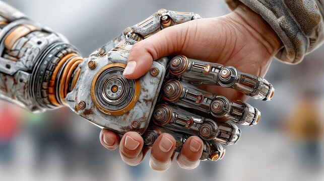 Robot and human hands shake during technology event
