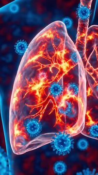 Microscopic View Of Virus Infection In Human Lung. Suitable For Medical Education, Health Awareness, Scientific Research, Public Health, And Disease Prevention.
