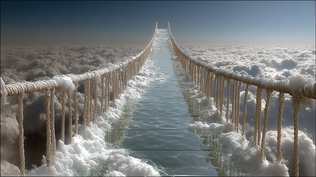 Bridge over clouds leads to open sky
