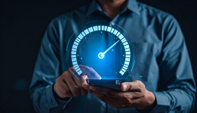 Digital gauge pointing to high value, symbolizing performance, growth, and business success.