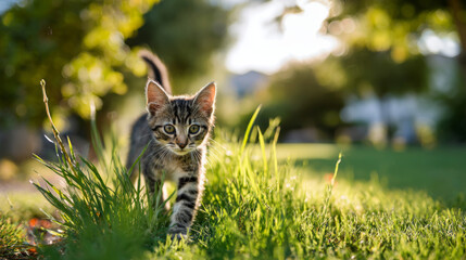 Obraz premium Curious kitten walking through fresh green grass outdoors in sunlight, playful and alert mood