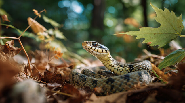 Coiled snake leaf litter forest floor close up nature reptile autumn wild