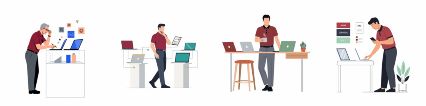 Set of flat vector illustrations depicting a professional man working with multiple laptops and digital devices in various modern workspace settings.