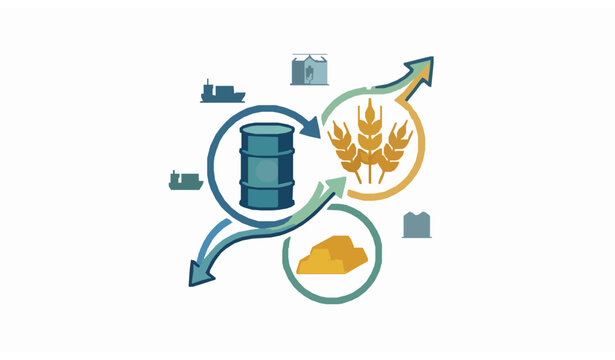 Conceptual commodity trading vector icon illustration with global market exchange and resource flow symbols