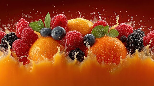Fresh fruits splash in juice with vibrant colors at bright setting