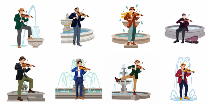 Set of illustrations featuring men in formal attire playing the violin near various city water fountains.