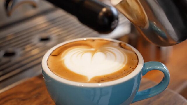 Barista Carefully Pours Creamy Milk Foam to Create a Heart Design in a Blue Coffee Mug
